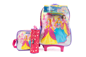 Mochila de rodinhas com estojo e lancheira | Princesas