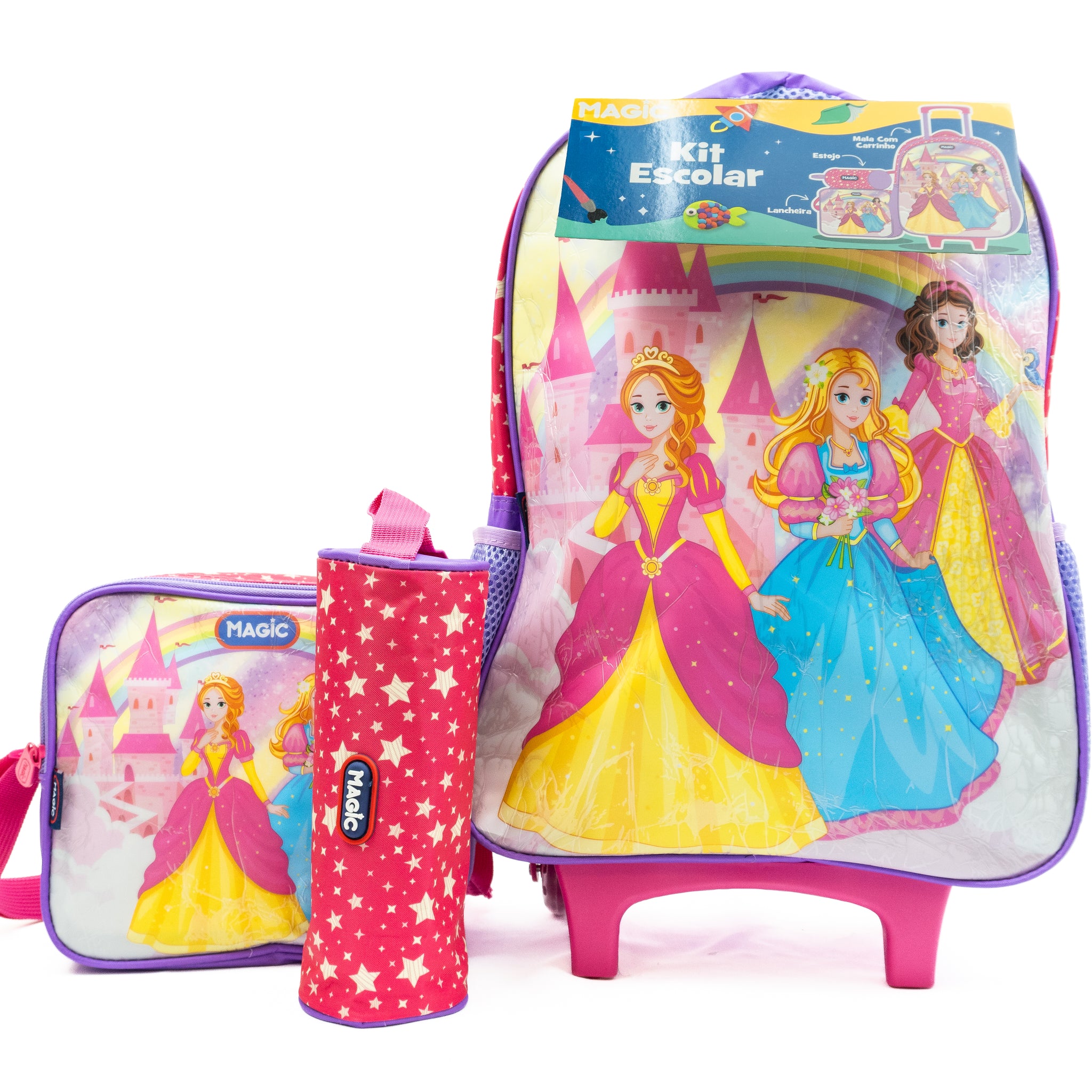 Mochila de rodinhas com estojo e lancheira | Princesas